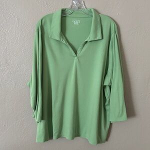 Lands End Women’s Plus Size 3/4 Sleeve V Neck Collared Shirt Green 3X